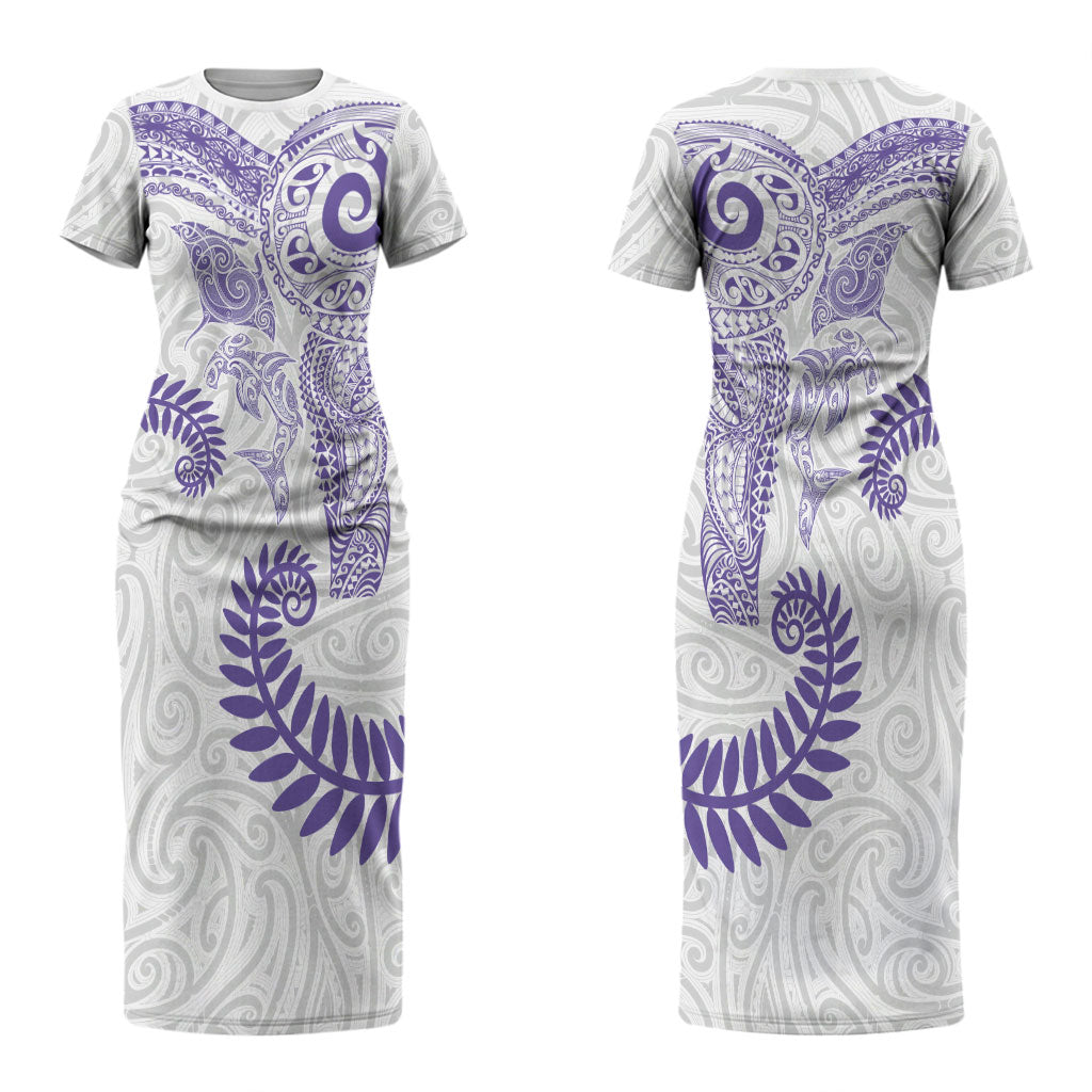 Aotearoa Maori Sea Animals Tribal Couples Matching Short Sleeve Bodycon Dress and Long Sleeve Button Shirt Manta Ray and Shark Moko Pattern Purple Color LT03 - Polynesian Pride