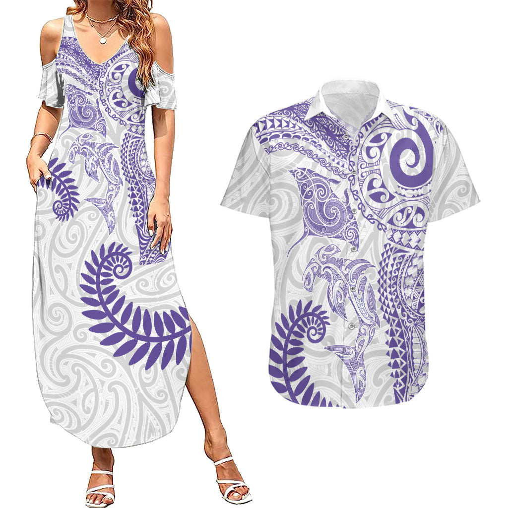 Aotearoa Maori Sea Animals Tribal Couples Matching Summer Maxi Dress and Hawaiian Shirt Manta Ray and Shark Moko Pattern Purple Color
