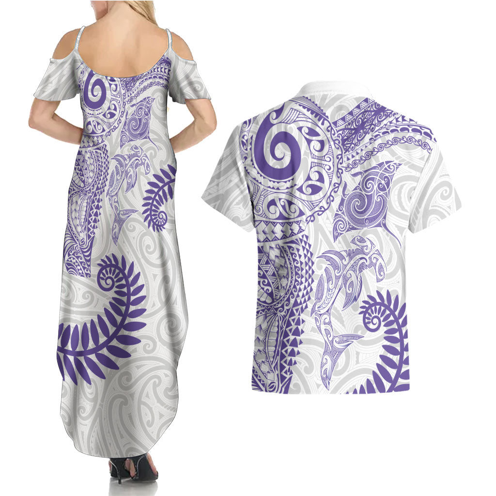 Aotearoa Maori Sea Animals Tribal Couples Matching Summer Maxi Dress and Hawaiian Shirt Manta Ray and Shark Moko Pattern Purple Color
