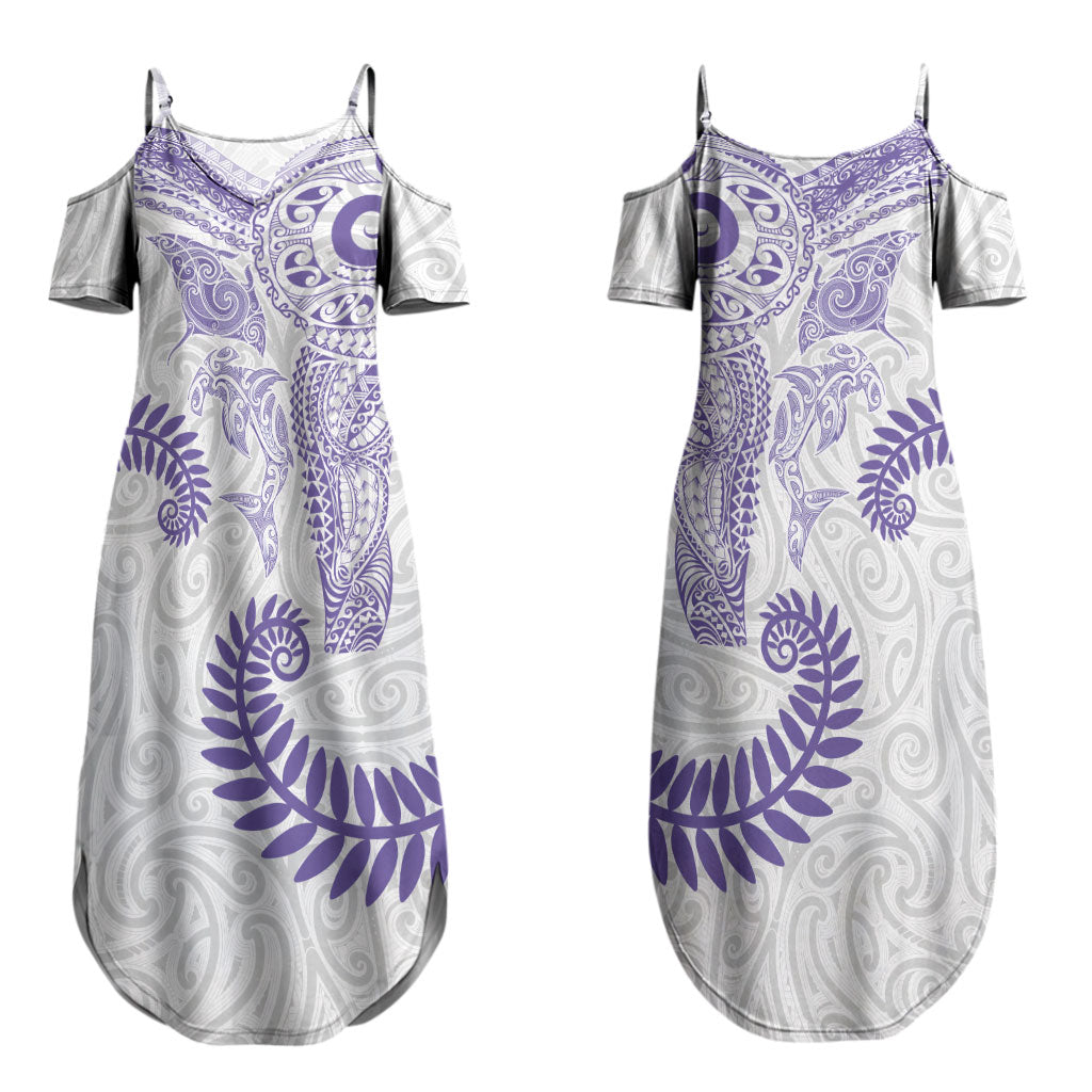 Aotearoa Maori Sea Animals Tribal Couples Matching Summer Maxi Dress and Long Sleeve Button Shirt Manta Ray and Shark Moko Pattern Purple Color LT03 - Polynesian Pride
