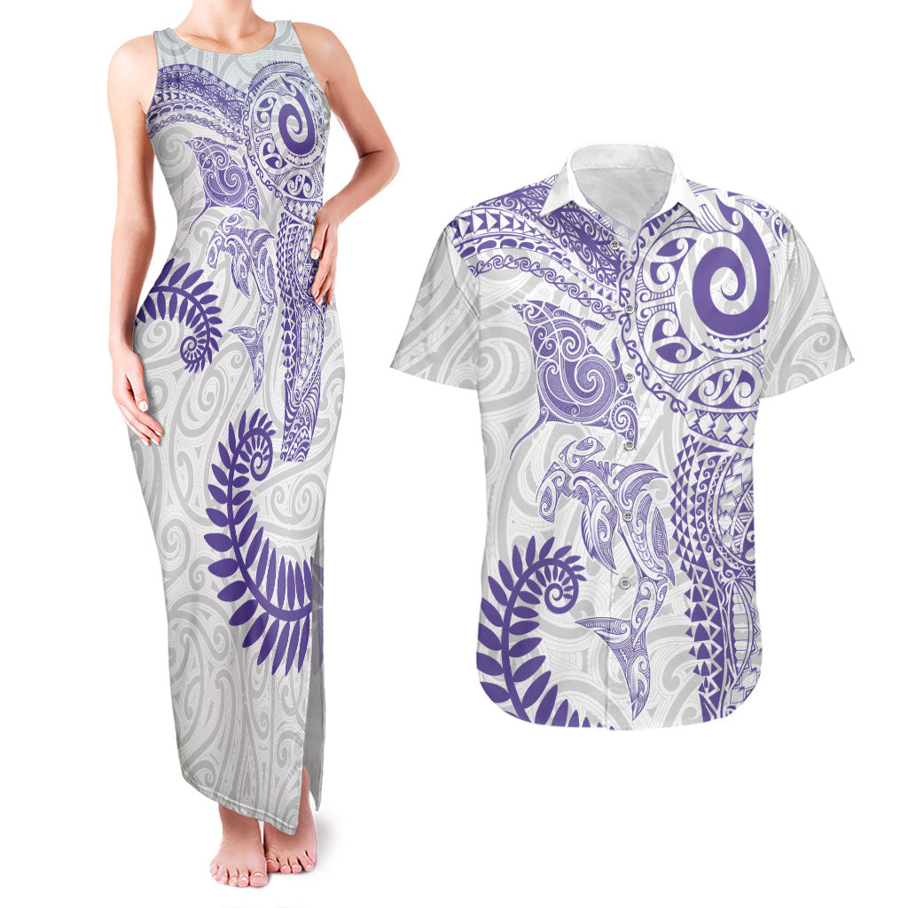 Aotearoa Maori Sea Animals Tribal Couples Matching Tank Maxi Dress and Hawaiian Shirt Manta Ray and Shark Moko Pattern Purple Color