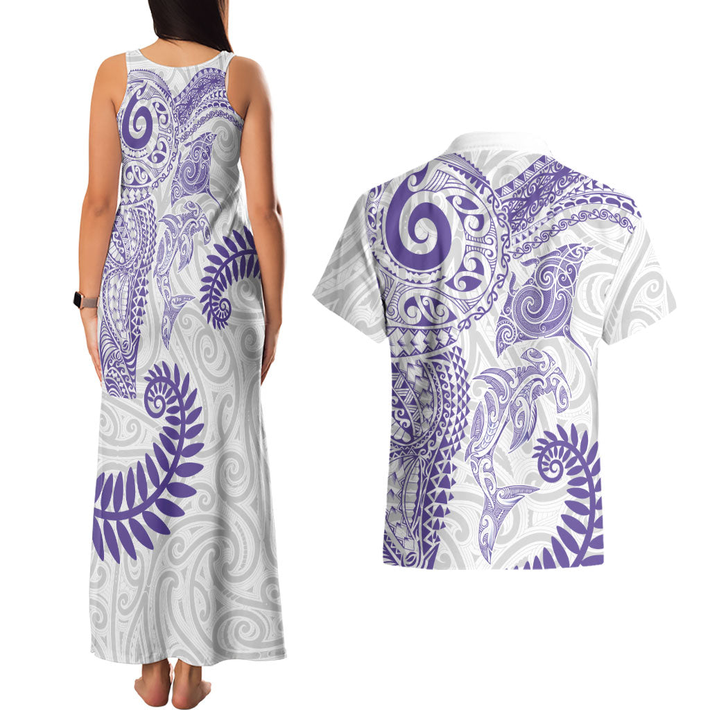 Aotearoa Maori Sea Animals Tribal Couples Matching Tank Maxi Dress and Hawaiian Shirt Manta Ray and Shark Moko Pattern Purple Color