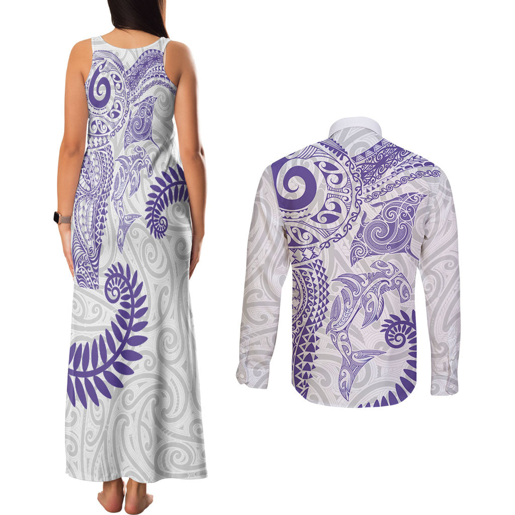 Aotearoa Maori Sea Animals Tribal Couples Matching Tank Maxi Dress and Long Sleeve Button Shirt Manta Ray and Shark Moko Pattern Purple Color