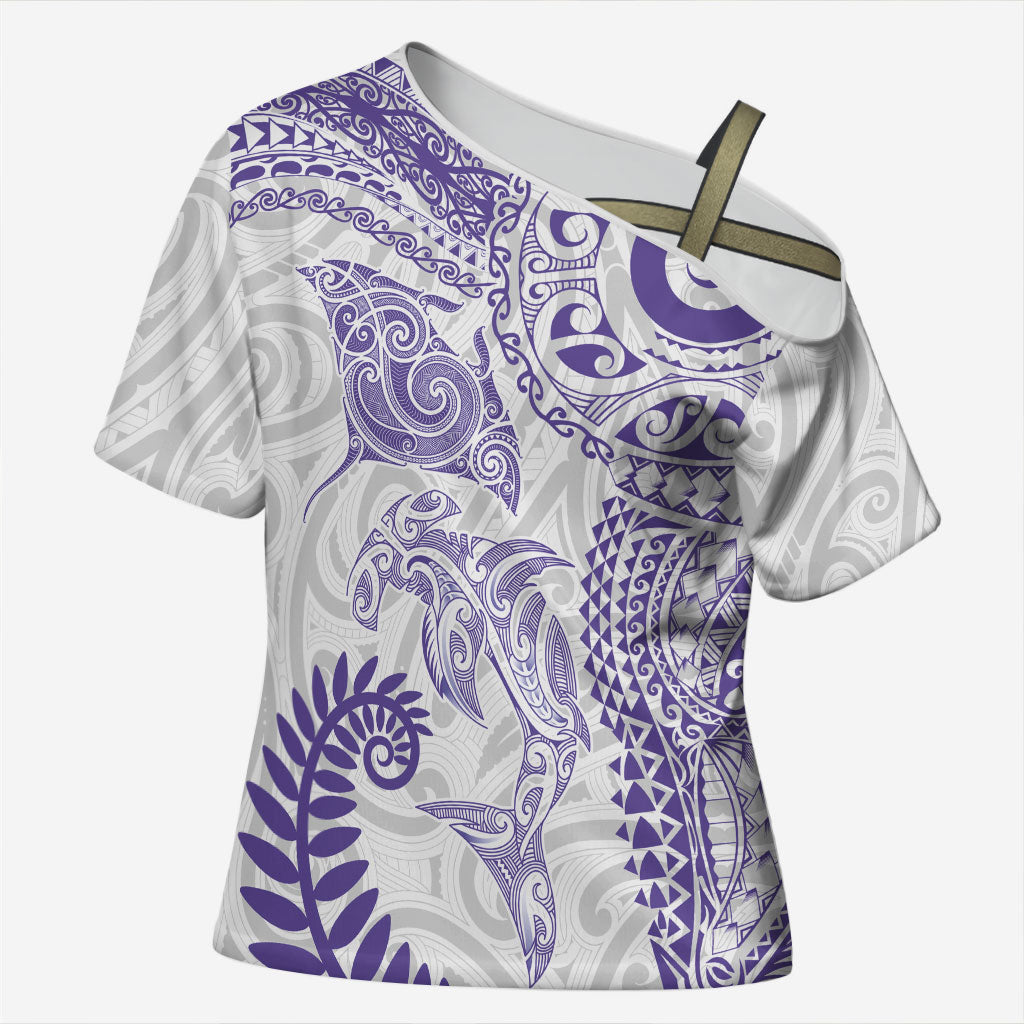 Aotearoa Maori Sea Animals Tribal Cross Shoulder Shirt Manta Ray and Shark Moko Pattern Purple Color