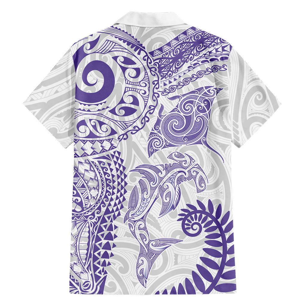 Aotearoa Maori Sea Animals Tribal Family Matching Long Sleeve Bodycon Dress and Hawaiian Shirt Manta Ray and Shark Moko Pattern Purple Color