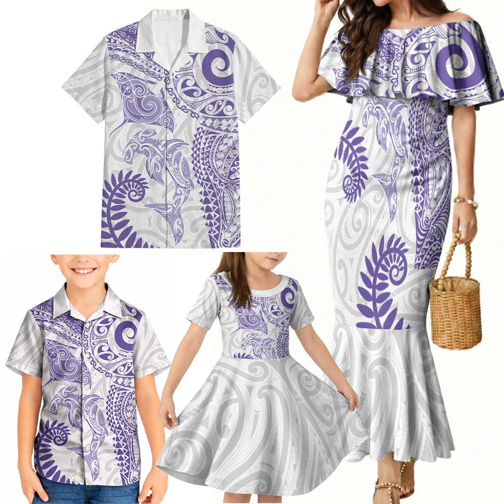 Aotearoa Maori Sea Animals Tribal Family Matching Mermaid Dress and Hawaiian Shirt Manta Ray and Shark Moko Pattern Purple Color LT03 - Polynesian Pride