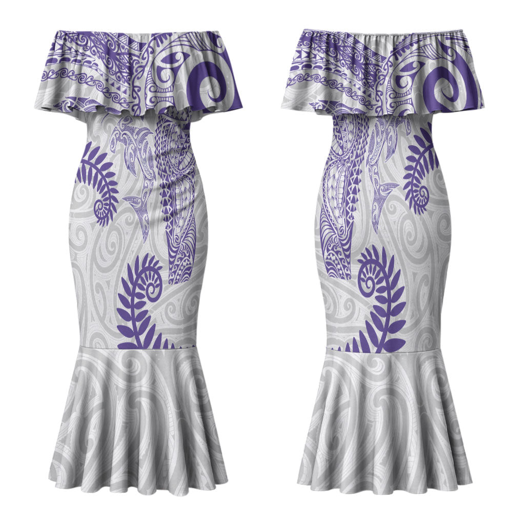 Aotearoa Maori Sea Animals Tribal Family Matching Mermaid Dress and Hawaiian Shirt Manta Ray and Shark Moko Pattern Purple Color LT03 Mom's Dress Purple - Polynesian Pride
