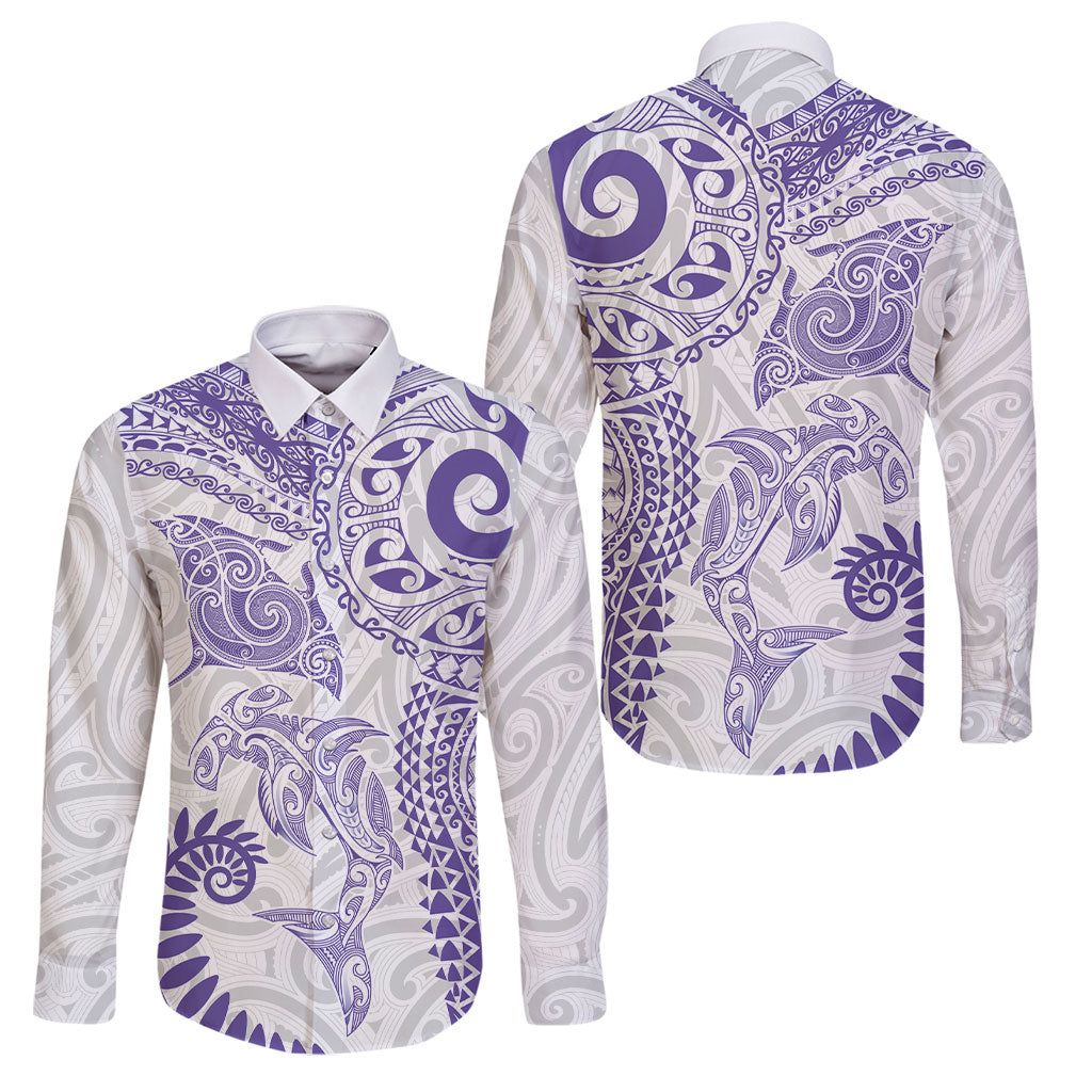 Aotearoa Maori Sea Animals Tribal Family Matching Mermaid Dress and Hawaiian Shirt Manta Ray and Shark Moko Pattern Purple Color LT03 Dad's Shirt - Long Sleeve Purple - Polynesian Pride