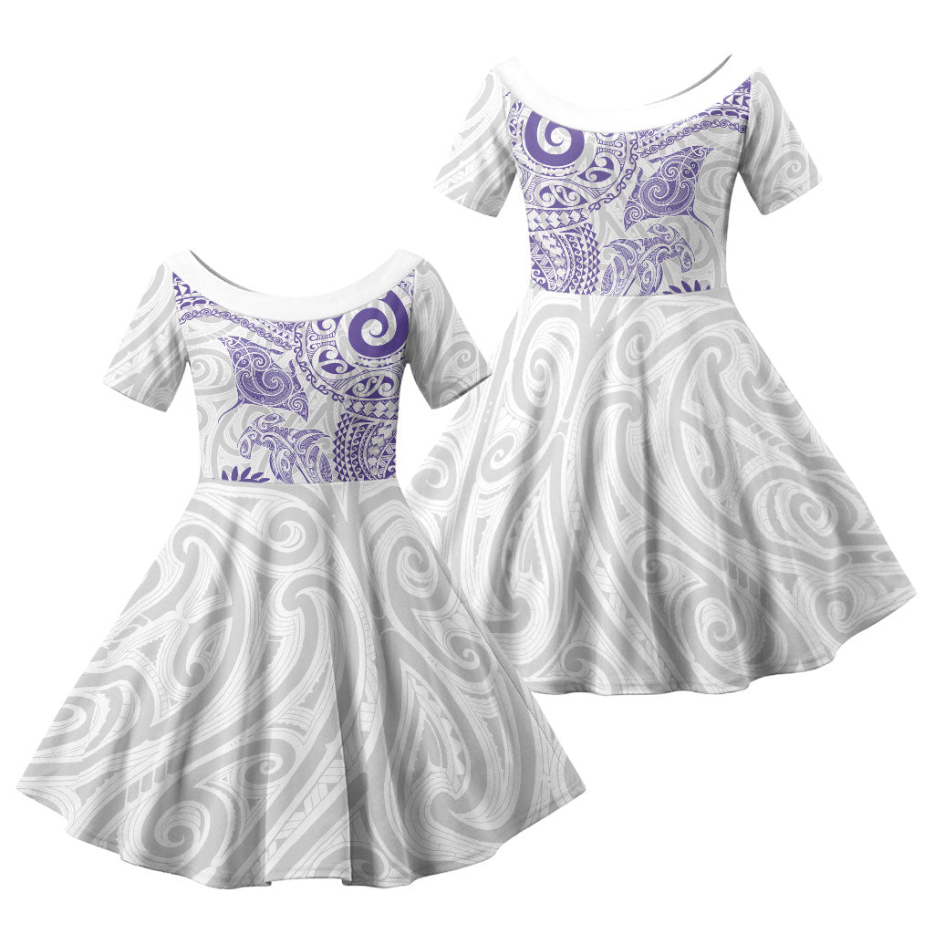Aotearoa Maori Sea Animals Tribal Family Matching Mermaid Dress and Hawaiian Shirt Manta Ray and Shark Moko Pattern Purple Color LT03 Daughter's Dress Purple - Polynesian Pride