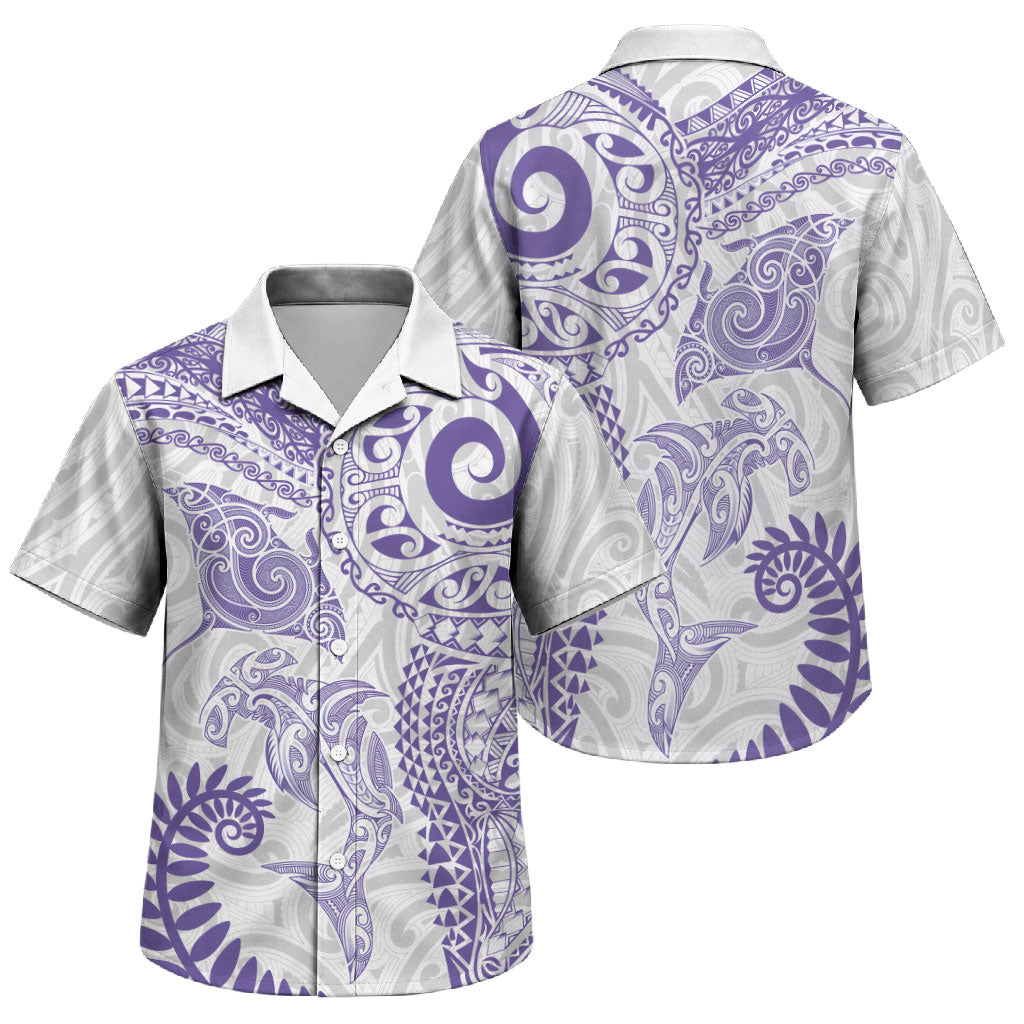 Aotearoa Maori Sea Animals Tribal Family Matching Mermaid Dress and Hawaiian Shirt Manta Ray and Shark Moko Pattern Purple Color LT03 Son's Shirt Purple - Polynesian Pride