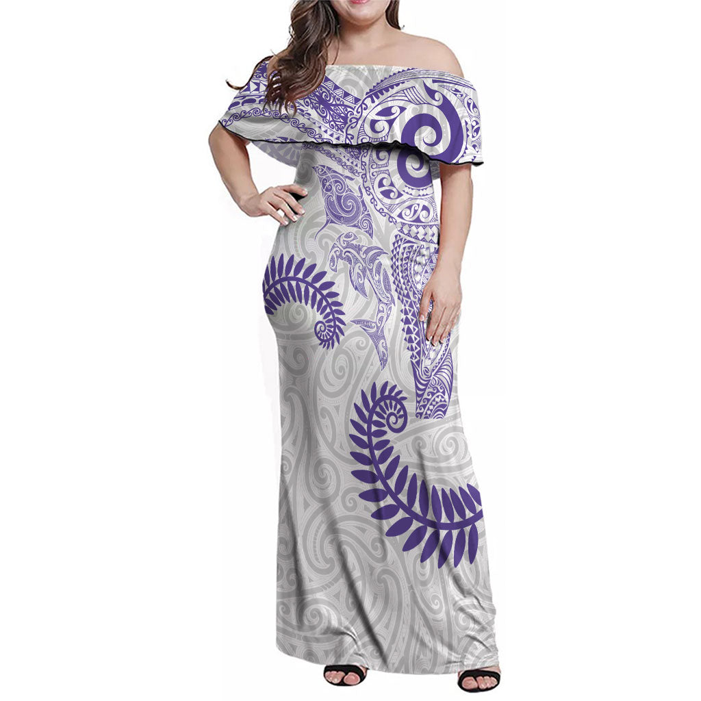 Aotearoa Maori Sea Animals Tribal Family Matching Off Shoulder Maxi Dress and Hawaiian Shirt Manta Ray and Shark Moko Pattern Purple Color
