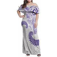 Aotearoa Maori Sea Animals Tribal Family Matching Off Shoulder Maxi Dress and Hawaiian Shirt Manta Ray and Shark Moko Pattern Purple Color