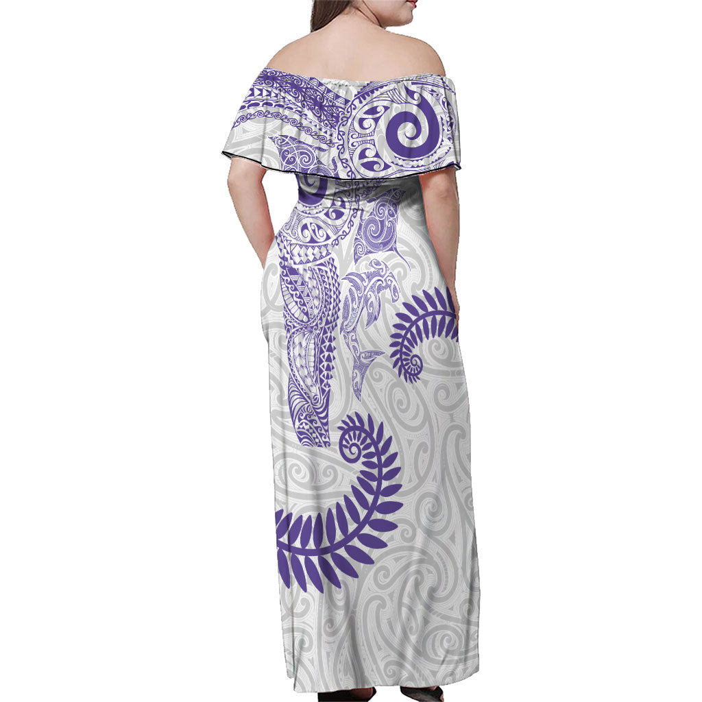 Aotearoa Maori Sea Animals Tribal Family Matching Off Shoulder Maxi Dress and Hawaiian Shirt Manta Ray and Shark Moko Pattern Purple Color