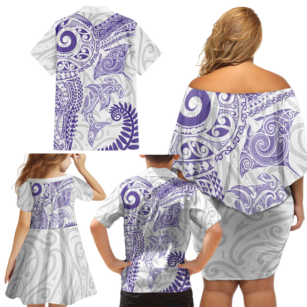 Aotearoa Maori Sea Animals Tribal Family Matching Off Shoulder Short Dress and Hawaiian Shirt Manta Ray and Shark Moko Pattern Purple Color