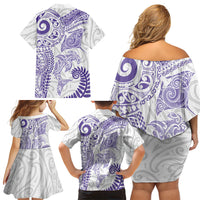 Aotearoa Maori Sea Animals Tribal Family Matching Off Shoulder Short Dress and Hawaiian Shirt Manta Ray and Shark Moko Pattern Purple Color