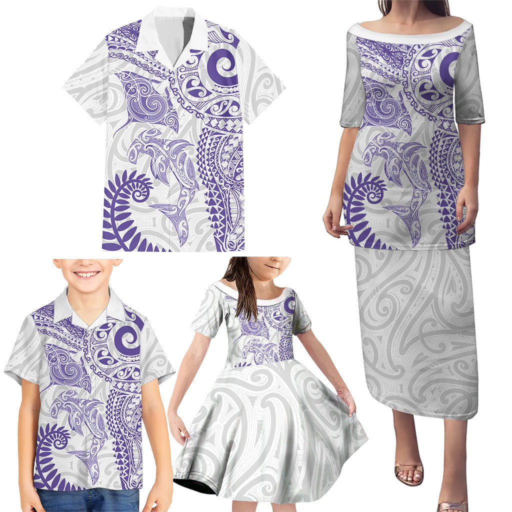 Aotearoa Maori Sea Animals Tribal Family Matching Puletasi and Hawaiian Shirt Manta Ray and Shark Moko Pattern Purple Color