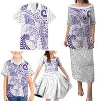 Aotearoa Maori Sea Animals Tribal Family Matching Puletasi and Hawaiian Shirt Manta Ray and Shark Moko Pattern Purple Color