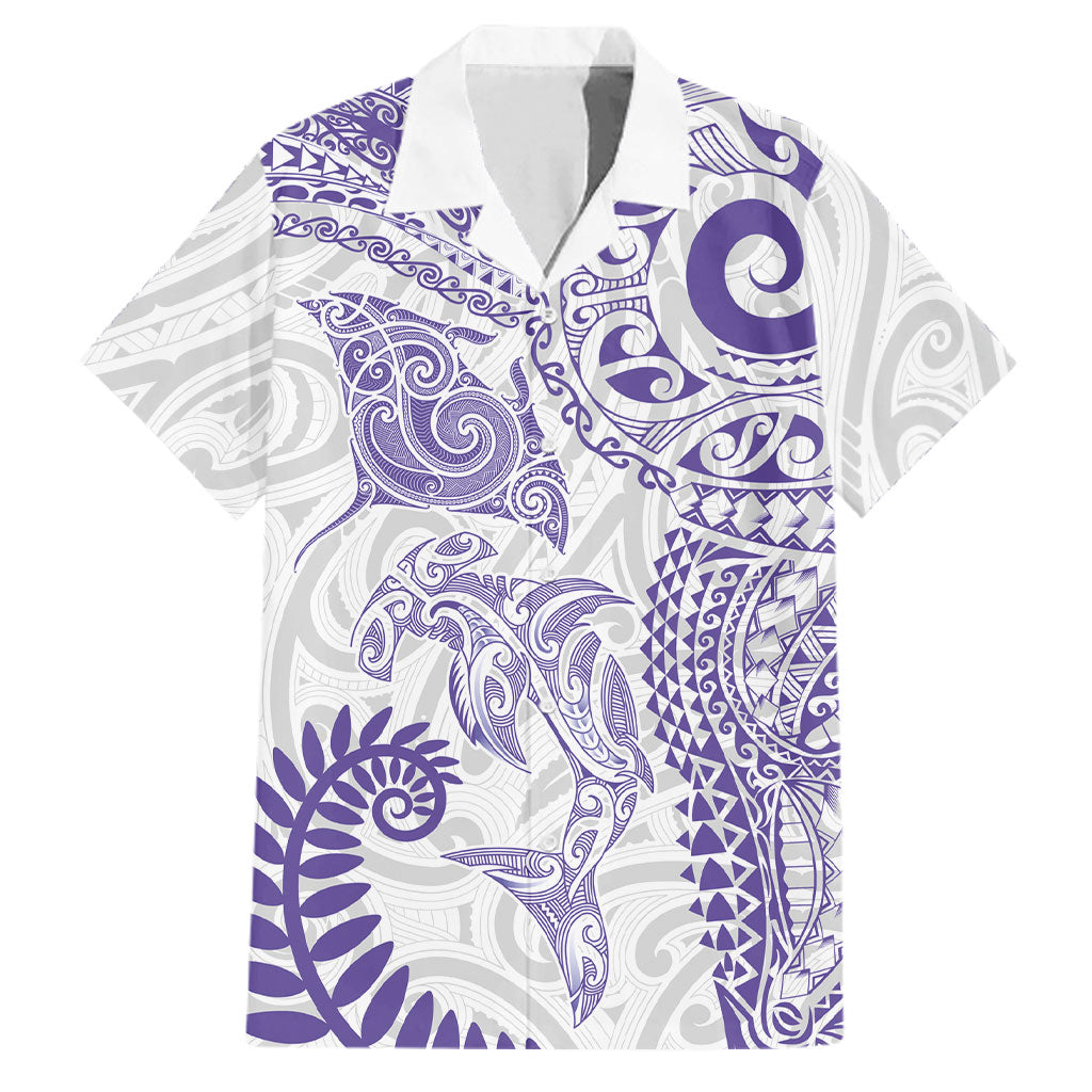 Aotearoa Maori Sea Animals Tribal Family Matching Puletasi and Hawaiian Shirt Manta Ray and Shark Moko Pattern Purple Color