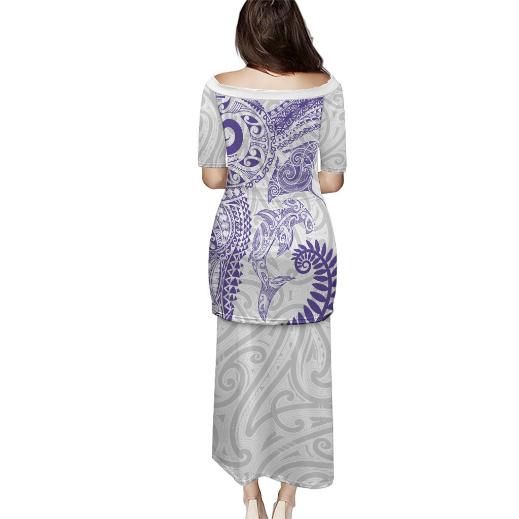 Aotearoa Maori Sea Animals Tribal Family Matching Puletasi and Hawaiian Shirt Manta Ray and Shark Moko Pattern Purple Color