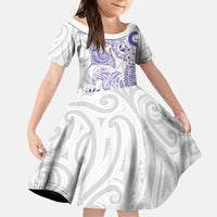 Aotearoa Maori Sea Animals Tribal Family Matching Short Sleeve Bodycon Dress and Hawaiian Shirt Manta Ray and Shark Moko Pattern Purple Color