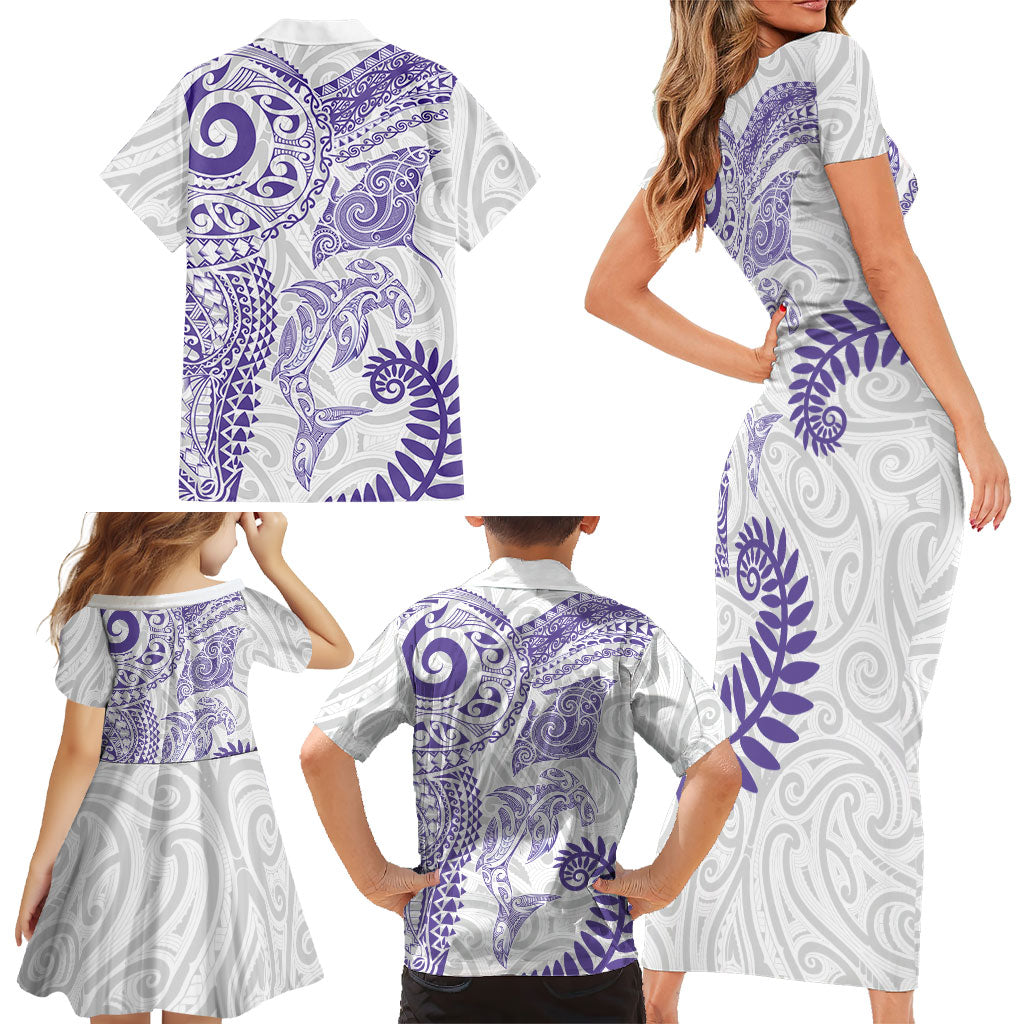 Aotearoa Maori Sea Animals Tribal Family Matching Short Sleeve Bodycon Dress and Hawaiian Shirt Manta Ray and Shark Moko Pattern Purple Color
