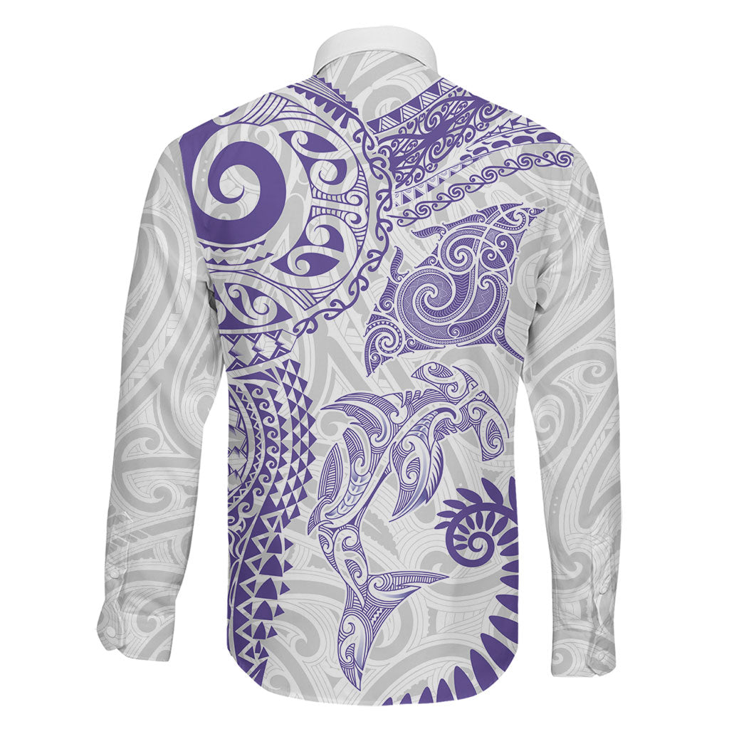 Aotearoa Maori Sea Animals Tribal Family Matching Short Sleeve Bodycon Dress and Hawaiian Shirt Manta Ray and Shark Moko Pattern Purple Color