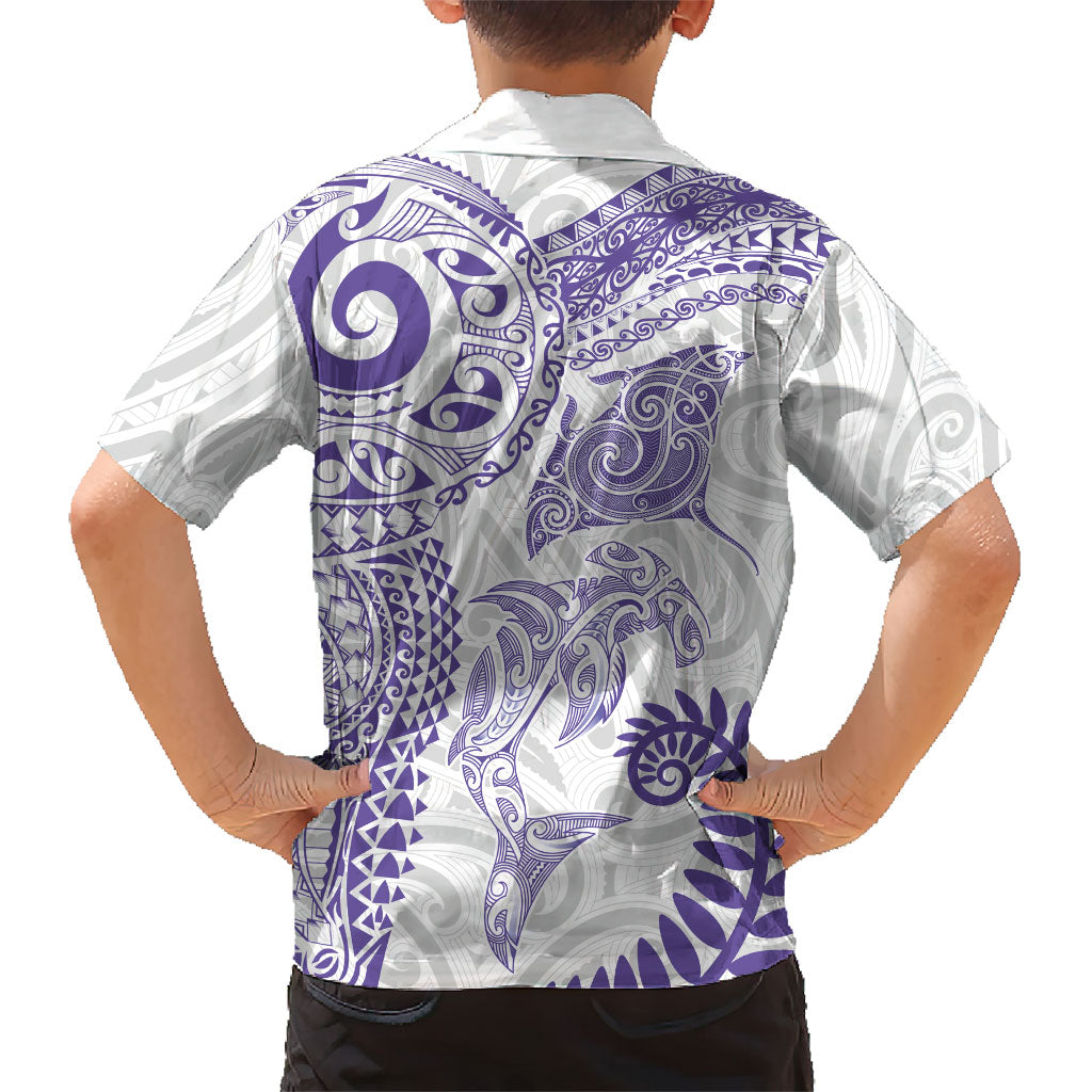 Aotearoa Maori Sea Animals Tribal Family Matching Summer Maxi Dress and Hawaiian Shirt Manta Ray and Shark Moko Pattern Purple Color