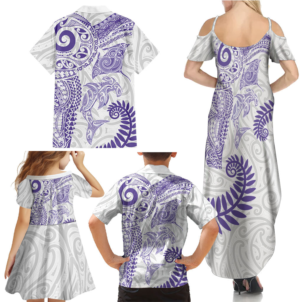 Aotearoa Maori Sea Animals Tribal Family Matching Summer Maxi Dress and Hawaiian Shirt Manta Ray and Shark Moko Pattern Purple Color
