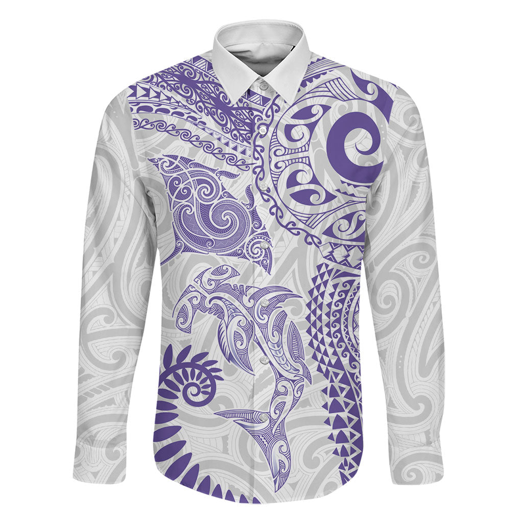 Aotearoa Maori Sea Animals Tribal Family Matching Summer Maxi Dress and Hawaiian Shirt Manta Ray and Shark Moko Pattern Purple Color