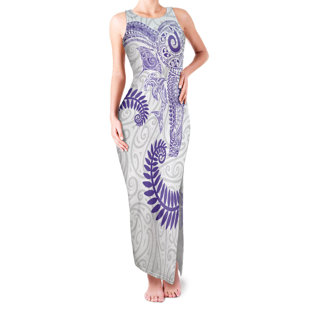 Aotearoa Maori Sea Animals Tribal Family Matching Tank Maxi Dress and Hawaiian Shirt Manta Ray and Shark Moko Pattern Purple Color