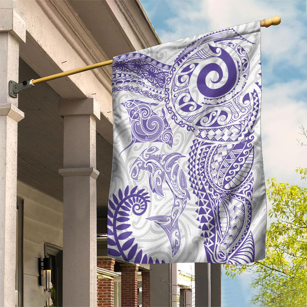 Aotearoa Maori Sea Animals Tribal Garden Flag Manta Ray and Shark Moko Pattern Purple Color