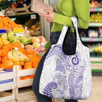 Aotearoa Maori Sea Animals Tribal Grocery Bag Manta Ray and Shark Moko Pattern Purple Color