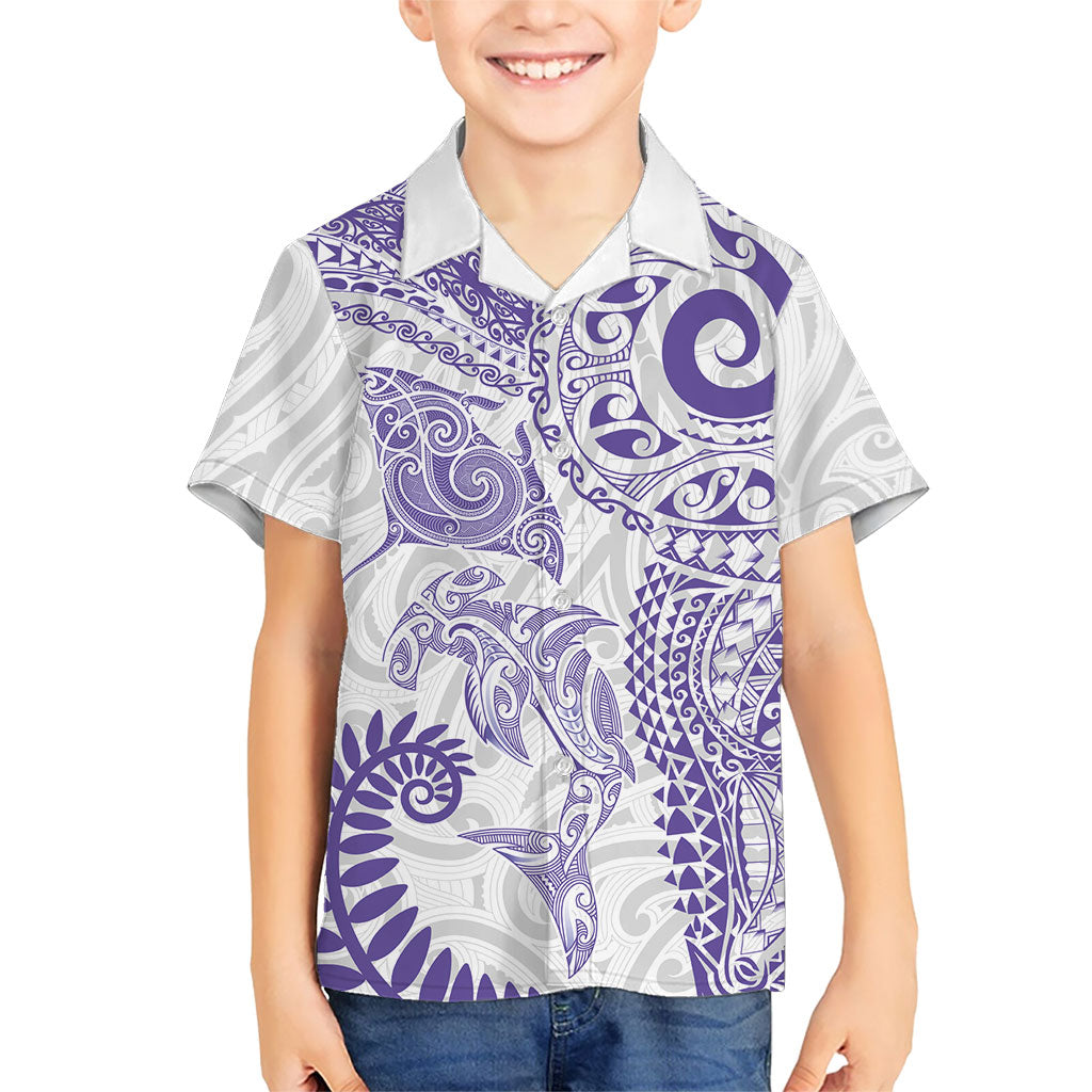 Aotearoa Maori Sea Animals Tribal Hawaiian Shirt Manta Ray and Shark Moko Pattern Purple Color