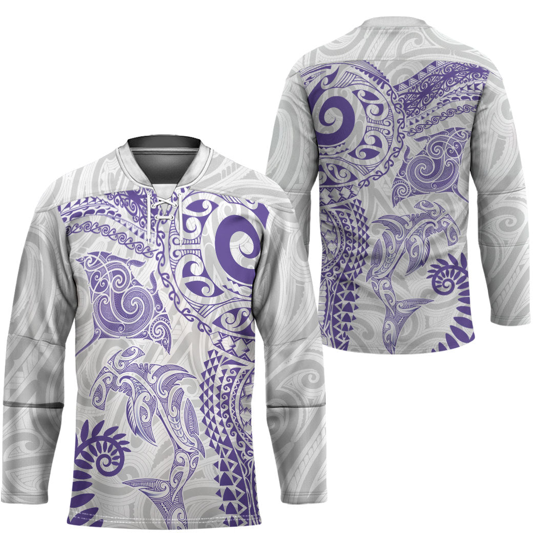 Aotearoa Maori Sea Animals Tribal Hockey Jersey Manta Ray and Shark Moko Pattern Purple Color
