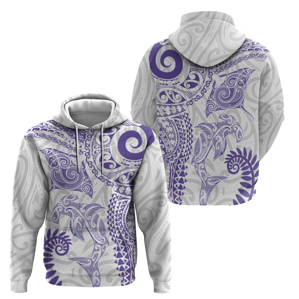 Aotearoa Maori Sea Animals Tribal Hoodie Manta Ray and Shark Moko Pattern Purple Color