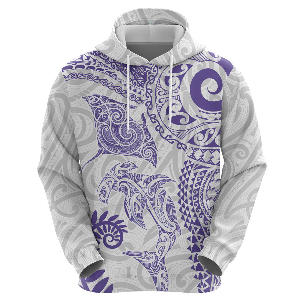 Aotearoa Maori Sea Animals Tribal Hoodie Manta Ray and Shark Moko Pattern Purple Color