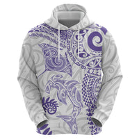 Aotearoa Maori Sea Animals Tribal Hoodie Manta Ray and Shark Moko Pattern Purple Color