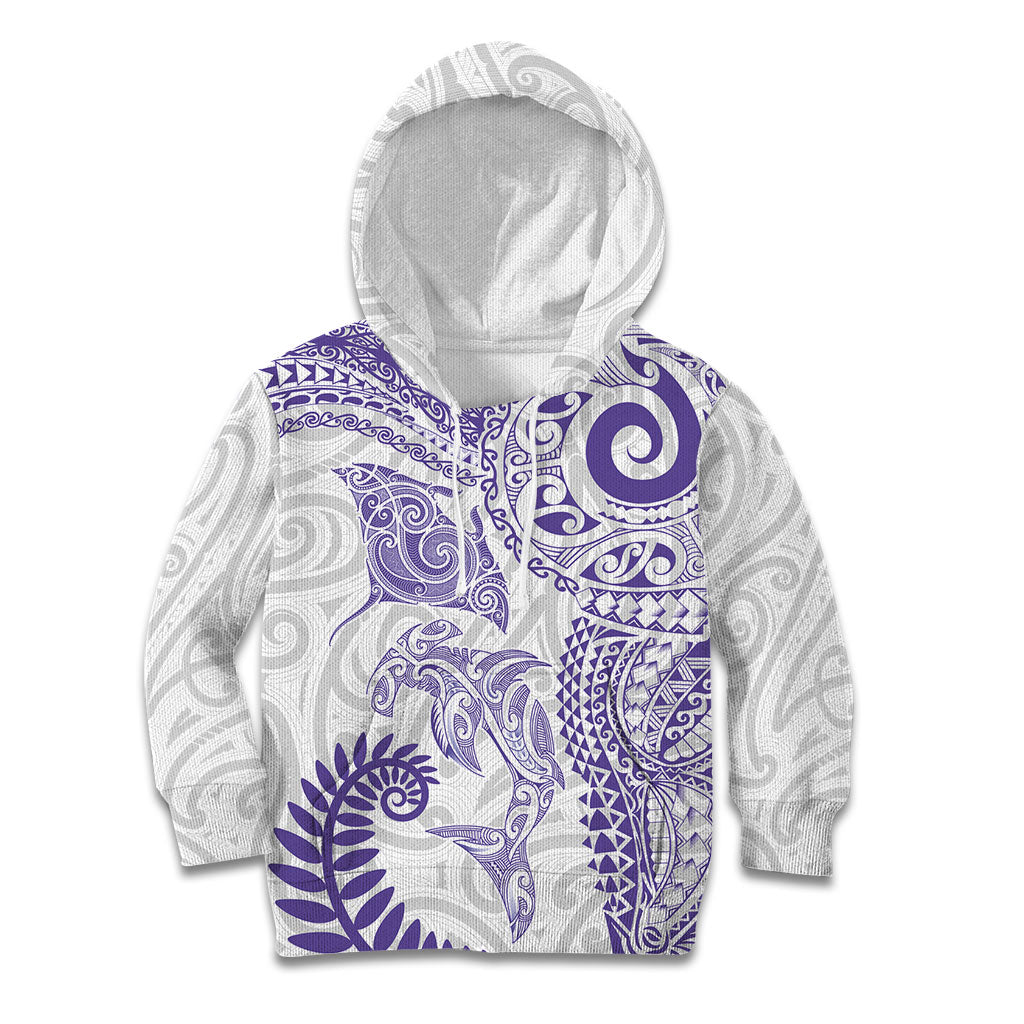 Aotearoa Maori Sea Animals Tribal Kid Hoodie Manta Ray and Shark Moko Pattern Purple Color