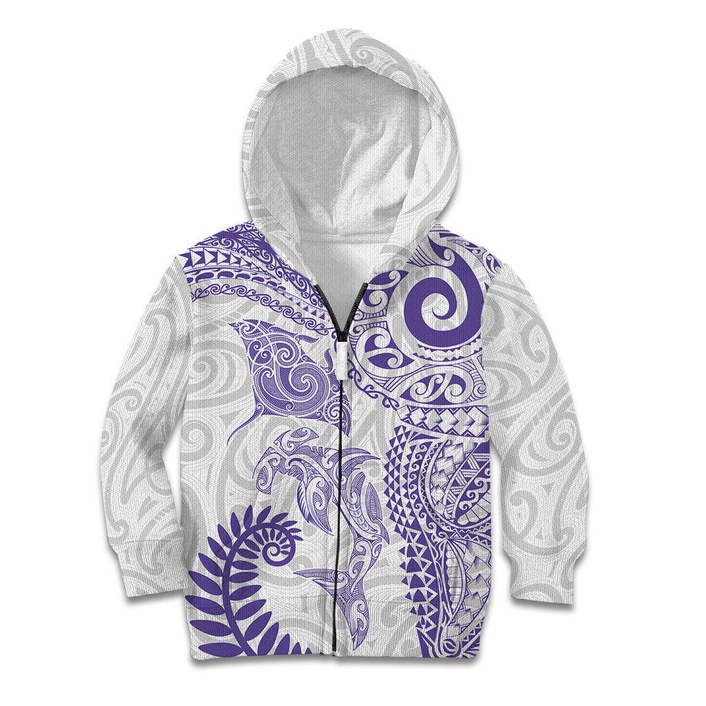 Aotearoa Maori Sea Animals Tribal Kid Hoodie Manta Ray and Shark Moko Pattern Purple Color