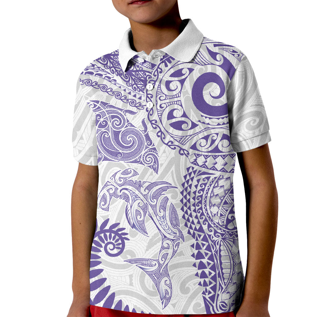 Aotearoa Maori Sea Animals Tribal Kid Polo Shirt Manta Ray and Shark Moko Pattern Purple Color