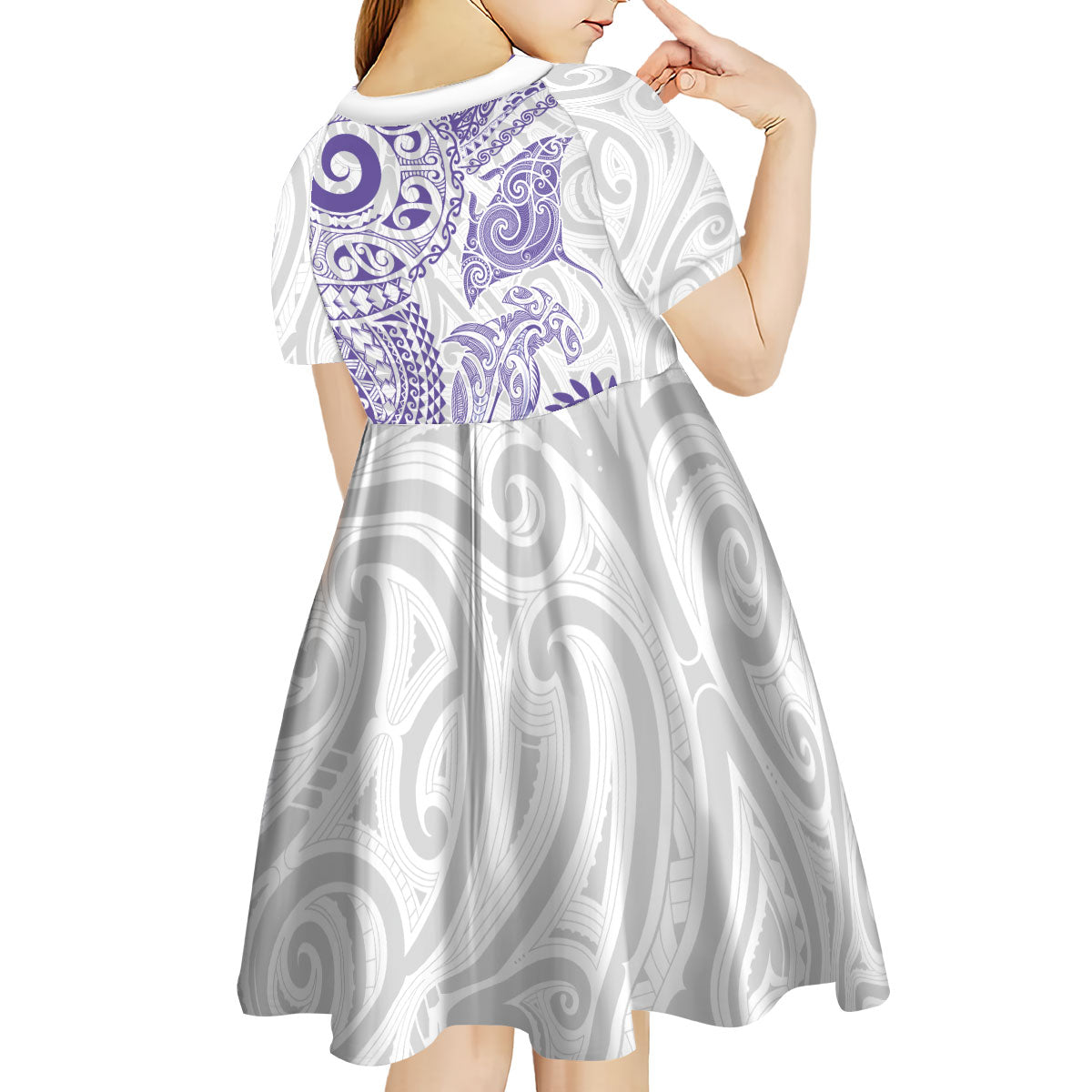 Aotearoa Maori Sea Animals Tribal Kid Short Sleeve Dress Manta Ray and Shark Moko Pattern Purple Color