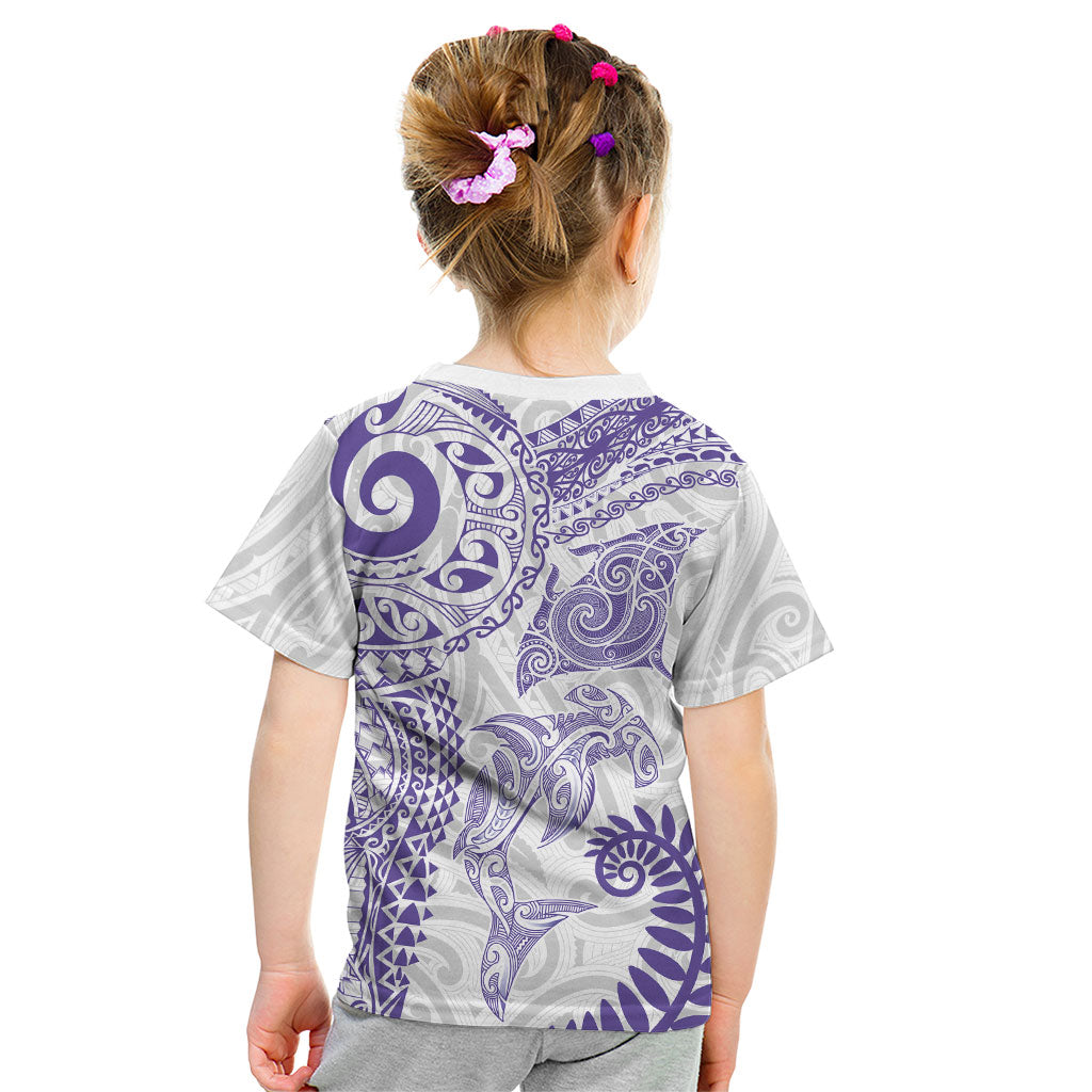 Aotearoa Maori Sea Animals Tribal Kid T Shirt Manta Ray and Shark Moko Pattern Purple Color