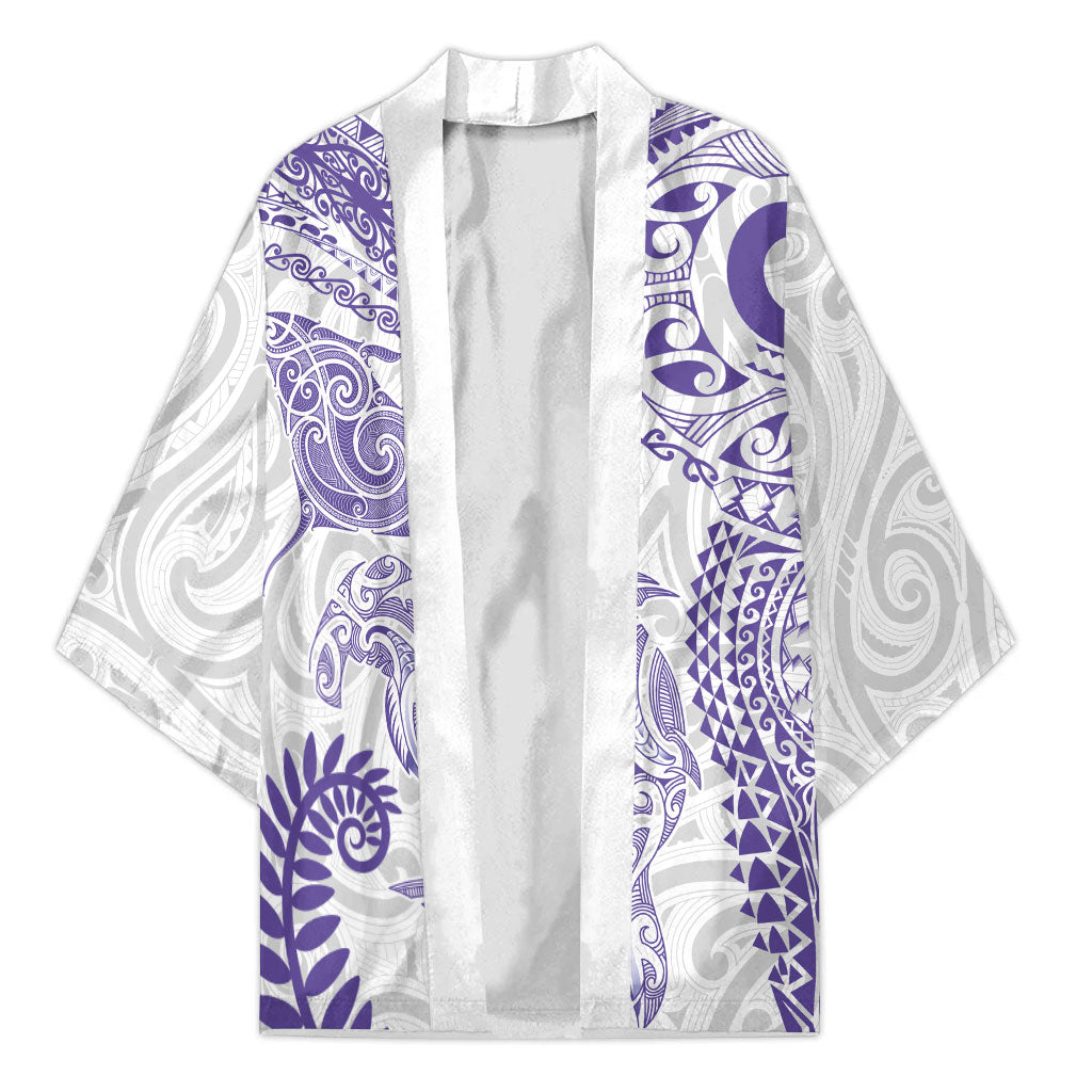 Aotearoa Maori Sea Animals Tribal Kimono Manta Ray and Shark Moko Pattern Purple Color LT03 Unisex Purple - Polynesian Pride