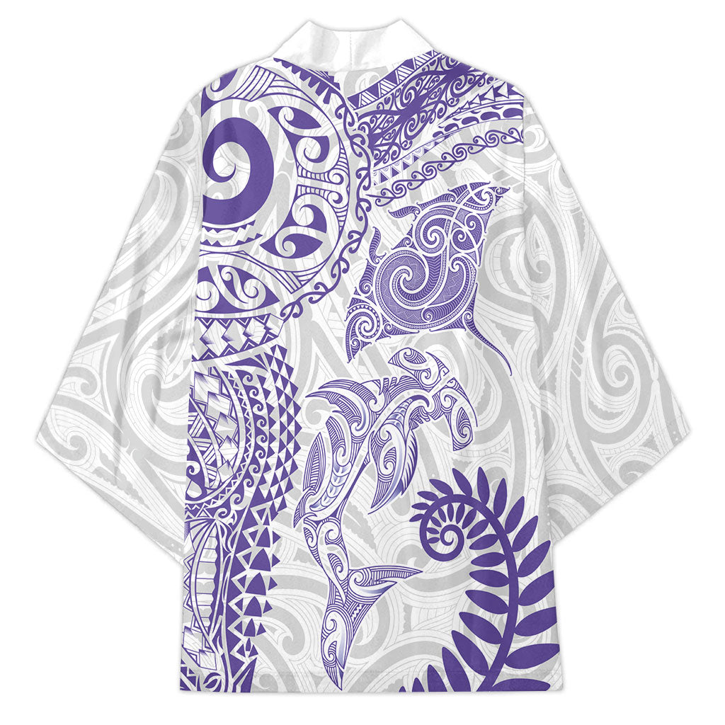 Aotearoa Maori Sea Animals Tribal Kimono Manta Ray and Shark Moko Pattern Purple Color LT03 - Polynesian Pride