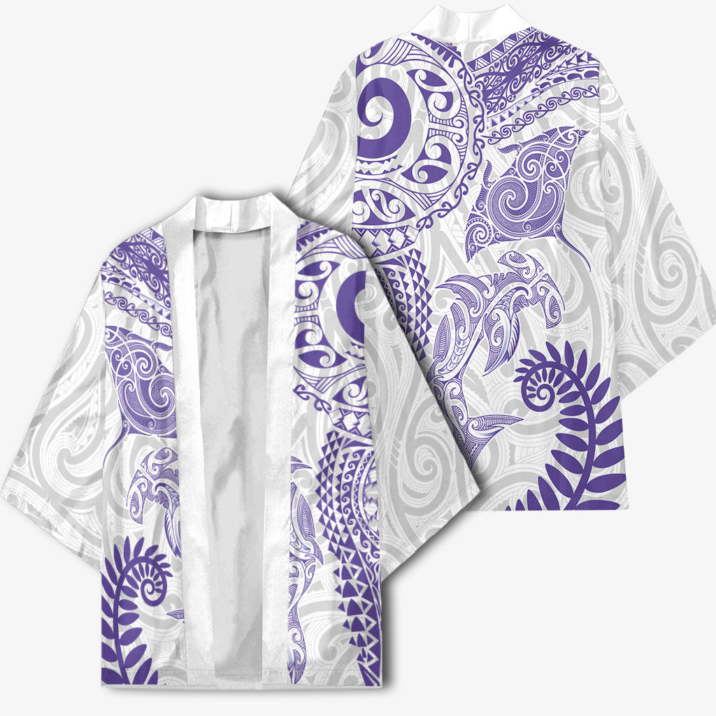 Aotearoa Maori Sea Animals Tribal Kimono Manta Ray and Shark Moko Pattern Purple Color LT03 - Polynesian Pride
