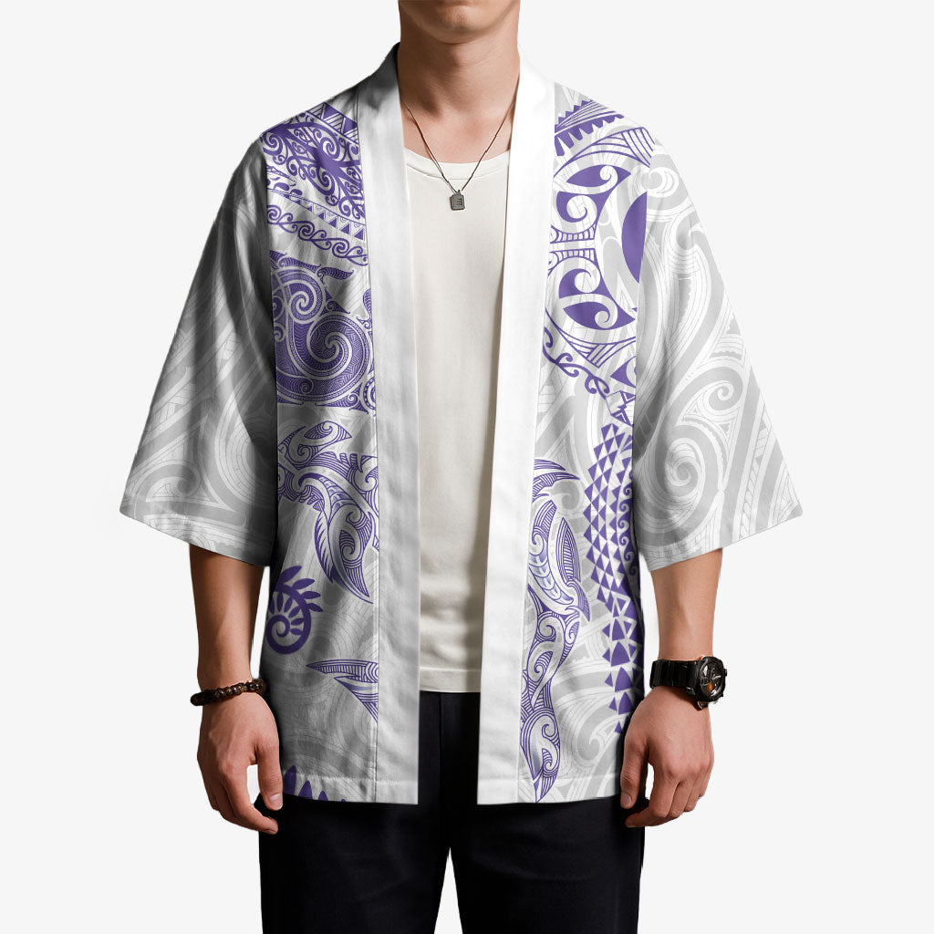 Aotearoa Maori Sea Animals Tribal Kimono Manta Ray and Shark Moko Pattern Purple Color LT03 - Polynesian Pride