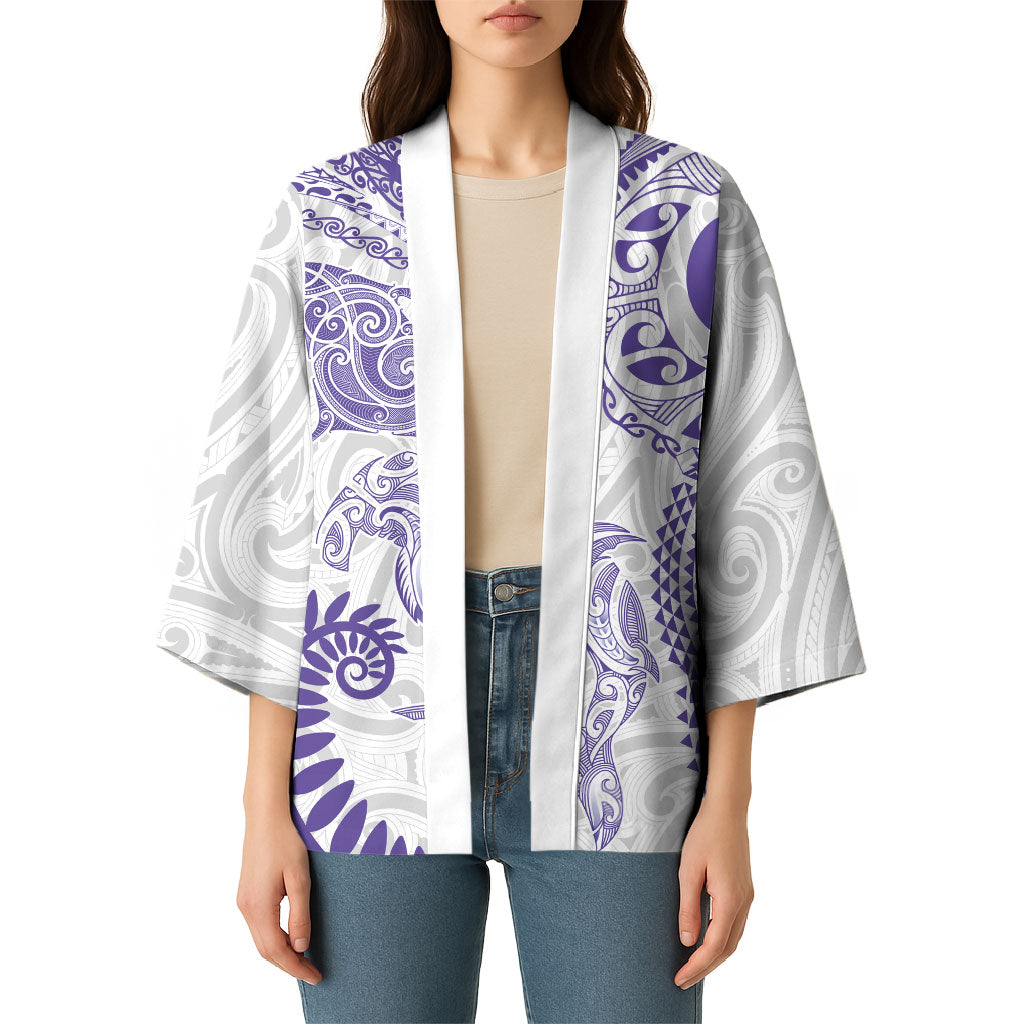 Aotearoa Maori Sea Animals Tribal Kimono Manta Ray and Shark Moko Pattern Purple Color LT03 - Polynesian Pride