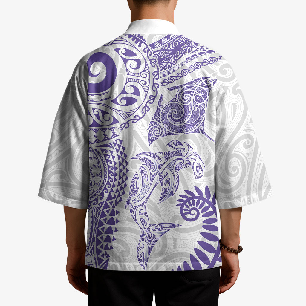 Aotearoa Maori Sea Animals Tribal Kimono Manta Ray and Shark Moko Pattern Purple Color LT03 - Polynesian Pride