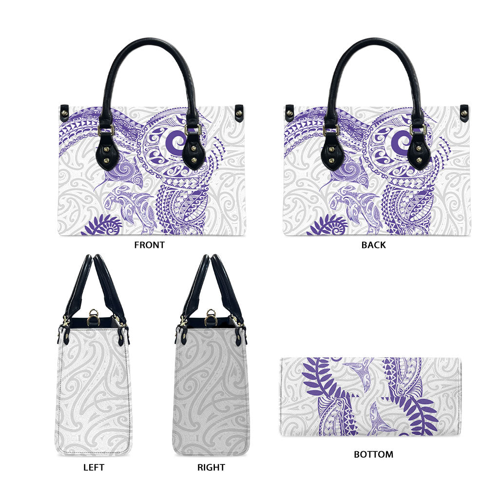 Aotearoa Maori Sea Animals Tribal Leather Bag Manta Ray and Shark Moko Pattern Purple Color