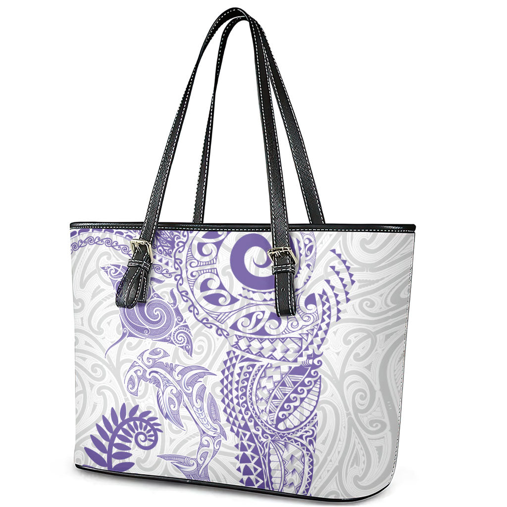 Aotearoa Maori Sea Animals Tribal Leather Tote Bag Manta Ray and Shark Moko Pattern Purple Color